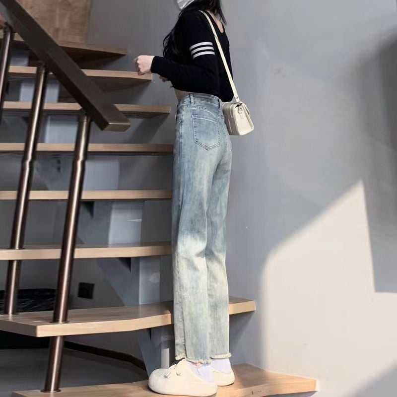Jeans albastru deschis pentru femei, talie înaltă, elastici, croială dreaptă, stil casual lejer pentru primăvară și toamnă