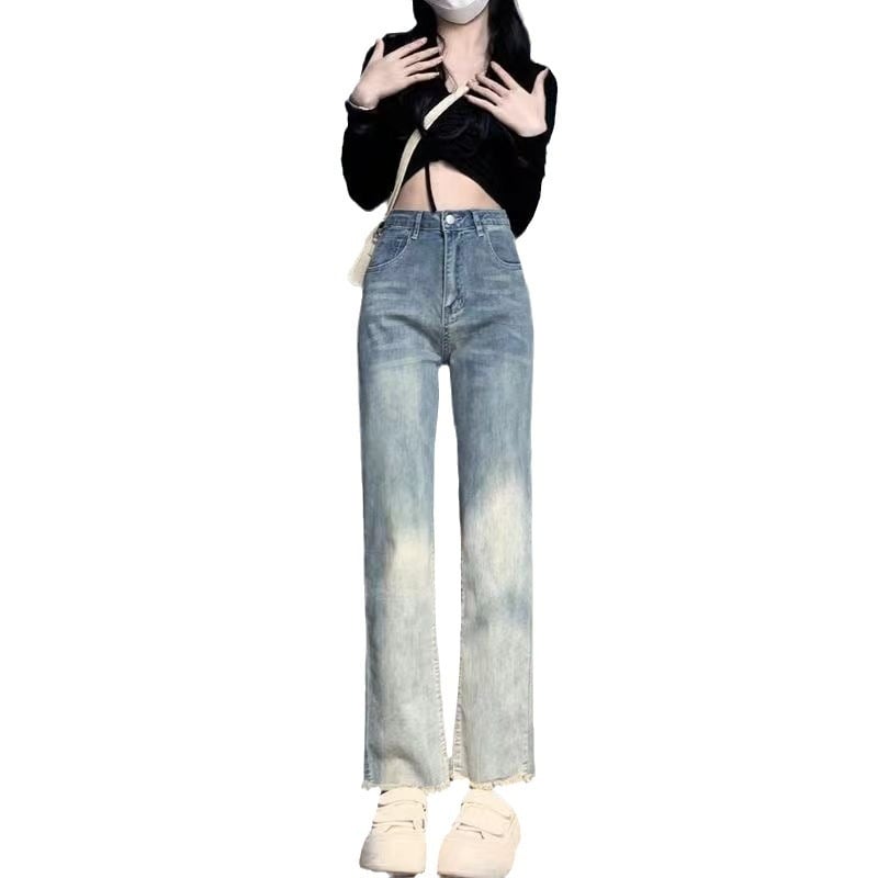 Jeans albastru deschis pentru femei, talie înaltă, elastici, croială dreaptă, stil casual lejer pentru primăvară și toamnă