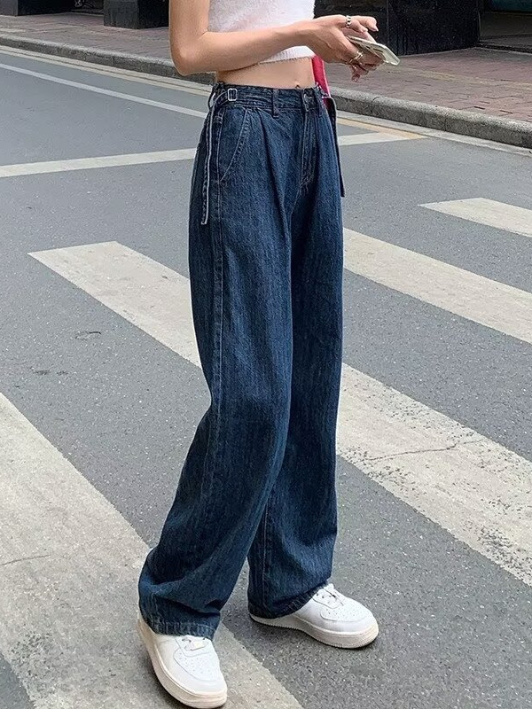 Jeans largi pentru femei, talie înaltă, croială dreaptă lejeră, textură drapată, lungime până la podea, primăvară–toamnă