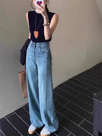 Jeansi din denim pentru femei, croială largă, talie înaltă, mărime plus, siluetă în formă de pară, finisaj rezistent la cute
