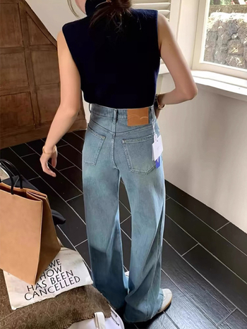 Jeansi din denim pentru femei, croială largă, talie înaltă, mărime plus, siluetă în formă de pară, finisaj rezistent la cute