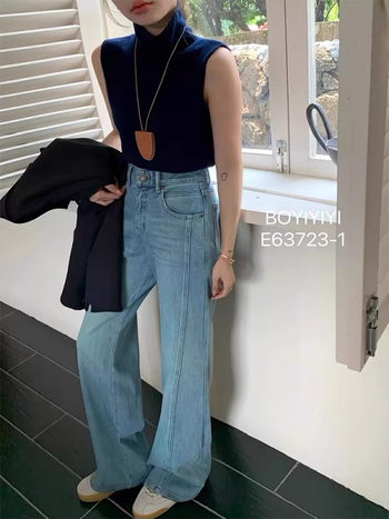 Jeansi din denim pentru femei, croială largă, talie înaltă, mărime plus, siluetă în formă de pară, finisaj rezistent la cute