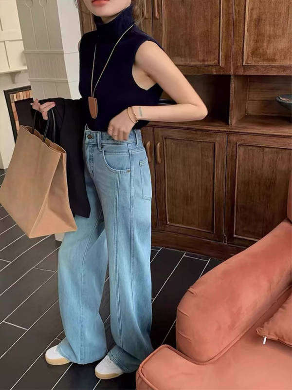 Jeansi din denim pentru femei, croială largă, talie înaltă, mărime plus, siluetă în formă de pară, finisaj rezistent la cute