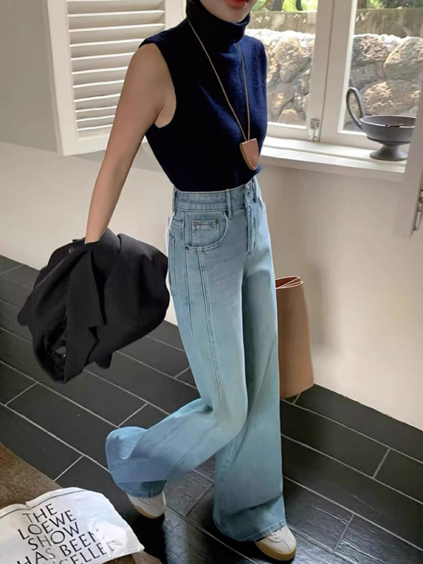 Jeansi din denim pentru femei, croială largă, talie înaltă, mărime plus, siluetă în formă de pară, finisaj rezistent la cute