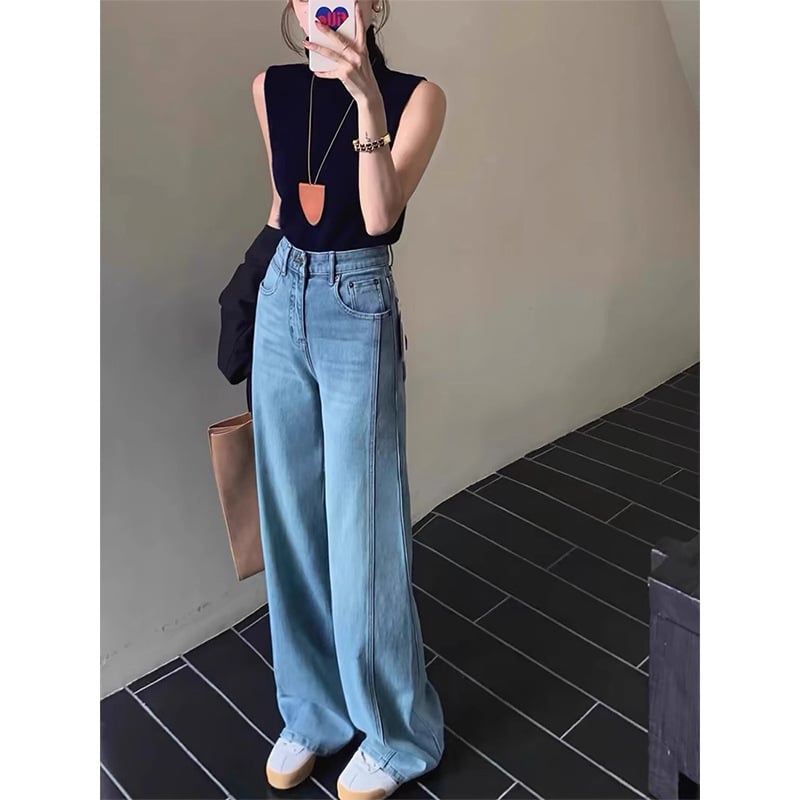Jeansi din denim pentru femei, croială largă, talie înaltă, mărime plus, siluetă în formă de pară, finisaj rezistent la cute