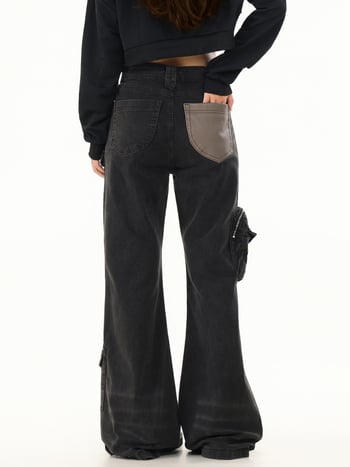 Oreeta Blugi microflare, stil street american retro, unisex pantaloni casual cu mai multe buzunare