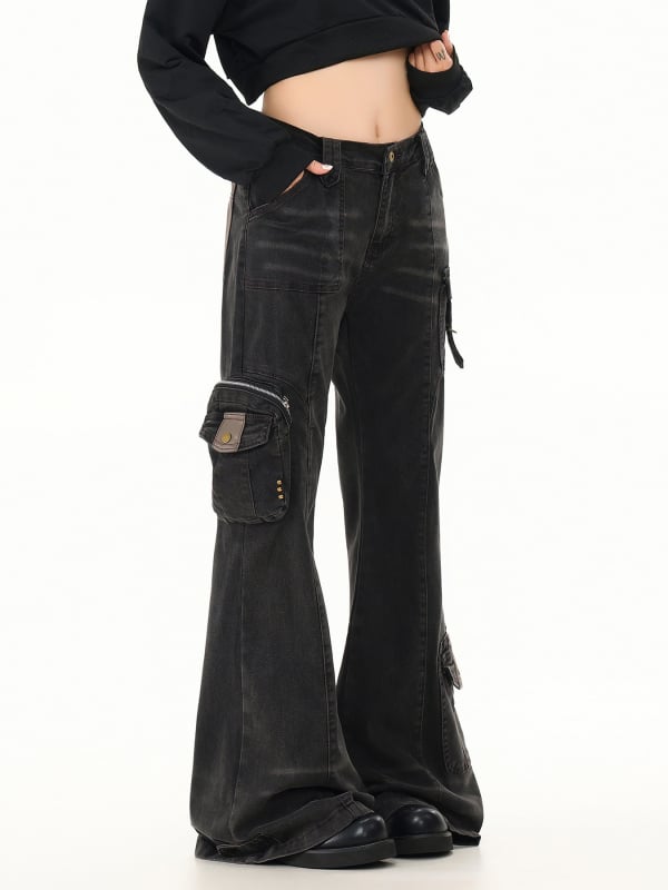 Oreeta Blugi microflare, stil street american retro, unisex pantaloni casual cu mai multe buzunare
