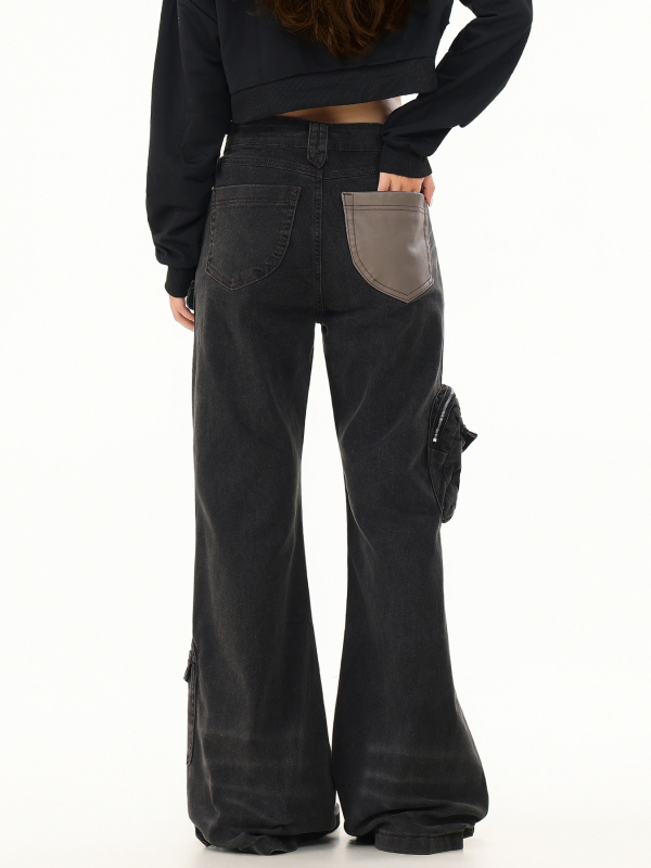 Oreeta Blugi microflare, stil street american retro, unisex pantaloni casual cu mai multe buzunare