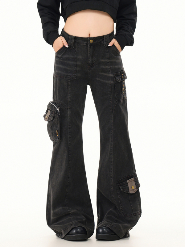 Oreeta Blugi microflare, stil street american retro, unisex pantaloni casual cu mai multe buzunare