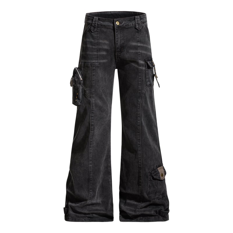 Oreeta Blugi microflare, stil street american retro, unisex pantaloni casual cu mai multe buzunare