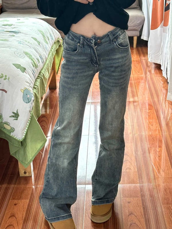 Jeansi pentru femei, stil primăvară-toamnă, în formă de pară, croială retro ușor evazată, plus size, elastici, alungă silueta, bootcut