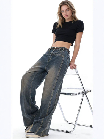 Blugi femei retro cu picioare largi, talie înaltă, croială dreaptă, denim albastru