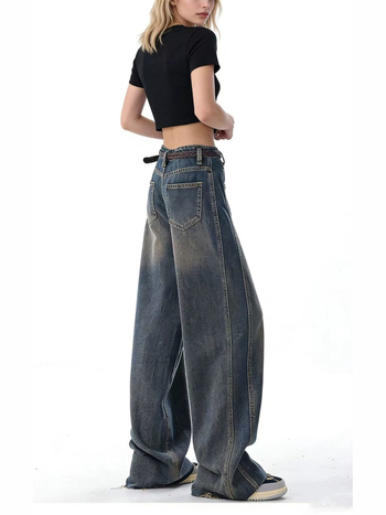 Blugi femei retro cu picioare largi, talie înaltă, croială dreaptă, denim albastru