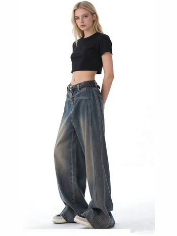 Blugi femei retro cu picioare largi, talie înaltă, croială dreaptă, denim albastru