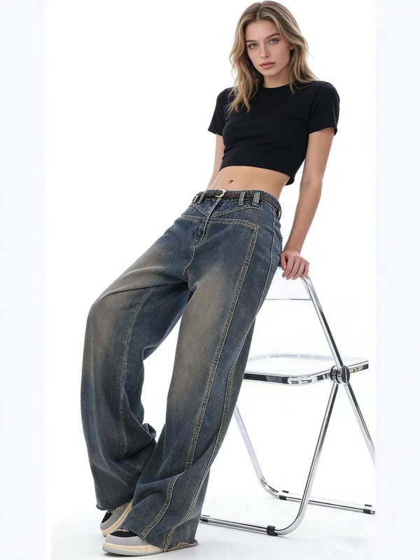 Blugi femei retro cu picioare largi, talie înaltă, croială dreaptă, denim albastru