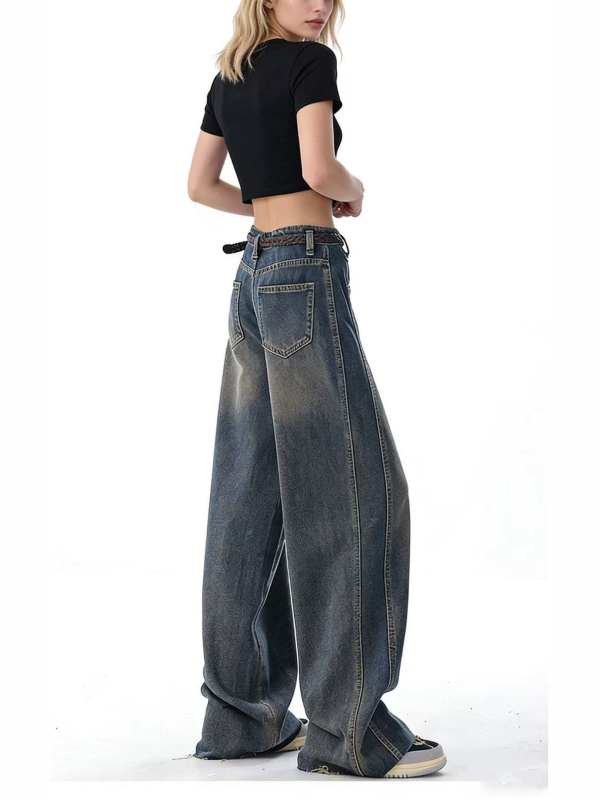 Blugi femei retro cu picioare largi, talie înaltă, croială dreaptă, denim albastru