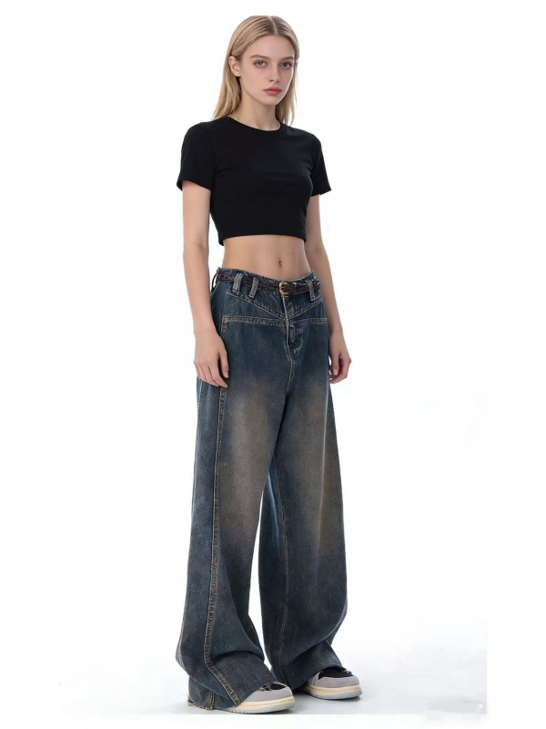 Blugi femei retro cu picioare largi, talie înaltă, croială dreaptă, denim albastru
