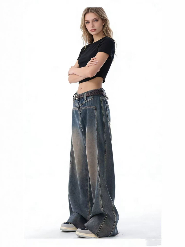Blugi femei retro cu picioare largi, talie înaltă, croială dreaptă, denim albastru