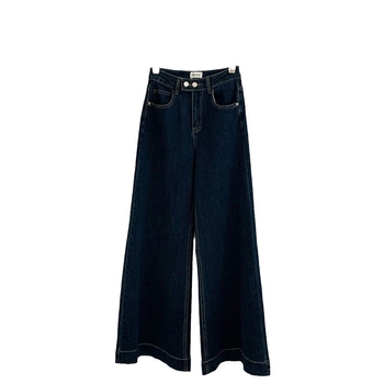 Jeans de damă din denim, talie înaltă, croială wide-leg, elastici, lungime până la podea, pentru primăvara-toamna 2024