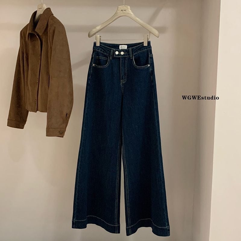Jeans de damă din denim, talie înaltă, croială wide-leg, elastici, lungime până la podea, pentru primăvara-toamna 2024
