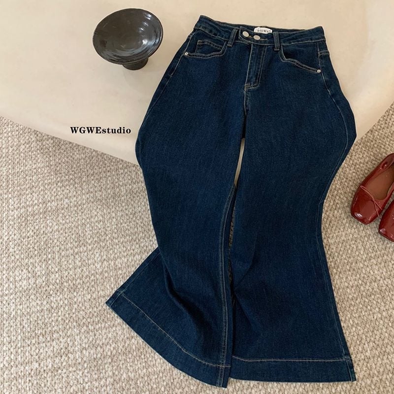 Jeans de damă din denim, talie înaltă, croială wide-leg, elastici, lungime până la podea, pentru primăvara-toamna 2024