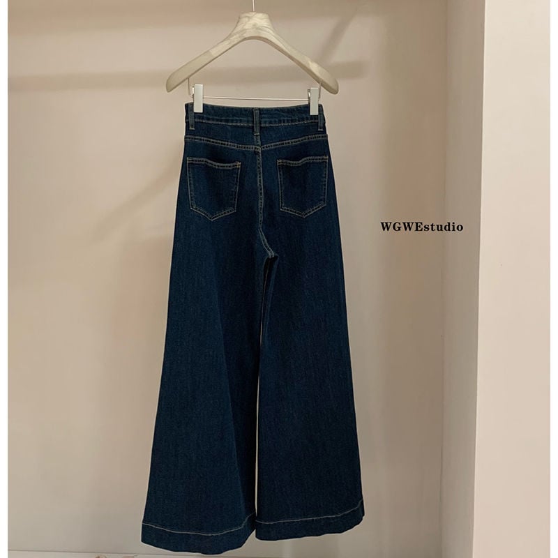 Jeans de damă din denim, talie înaltă, croială wide-leg, elastici, lungime până la podea, pentru primăvara-toamna 2024