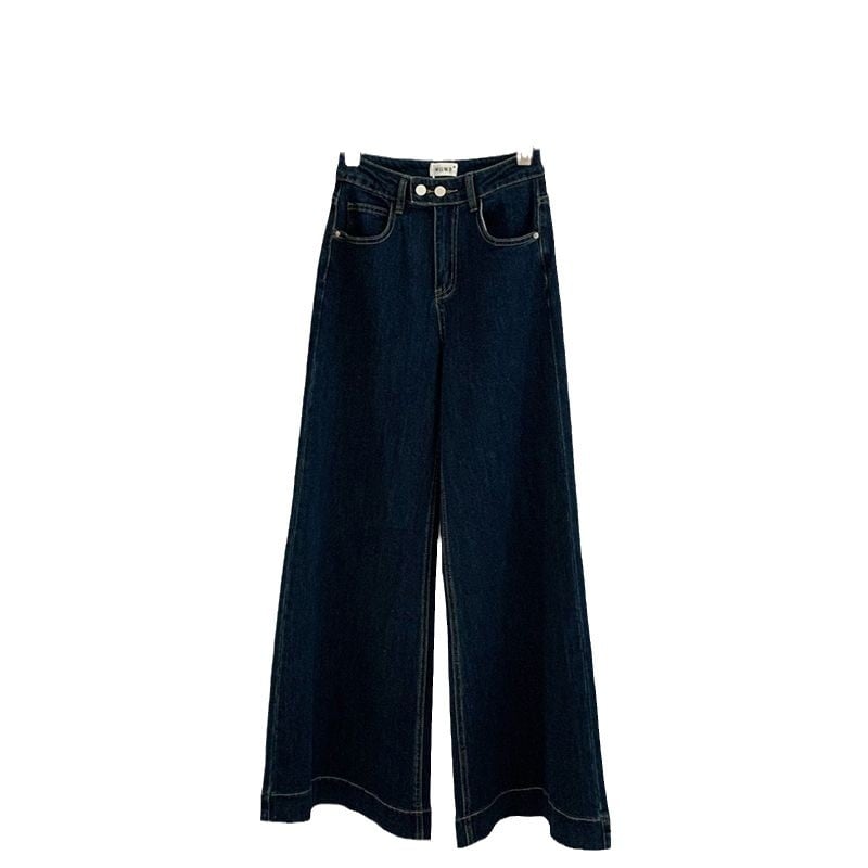 Jeans de damă din denim, talie înaltă, croială wide-leg, elastici, lungime până la podea, pentru primăvara-toamna 2024