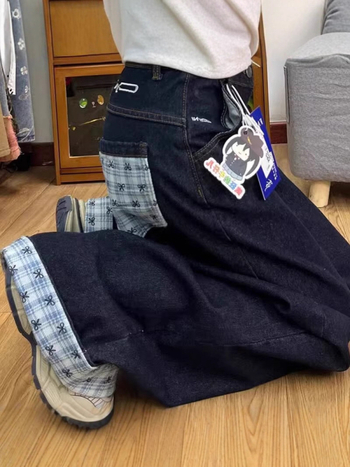 Ourofeng blugi dama cu nod în fundă și carouri, stil american retro, talie înaltă, croială largă, lungime până la podea
