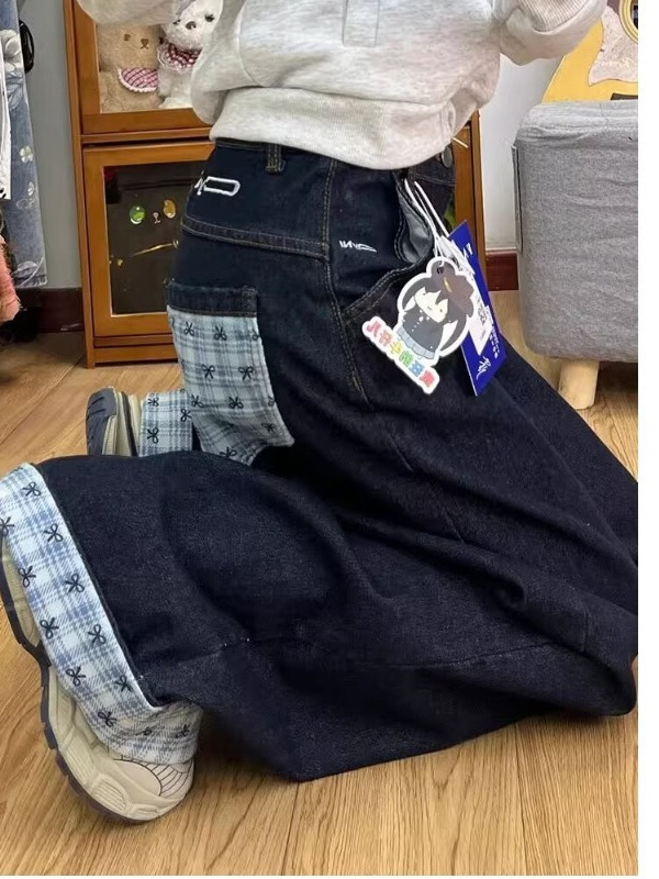 Ourofeng blugi dama cu nod în fundă și carouri, stil american retro, talie înaltă, croială largă, lungime până la podea