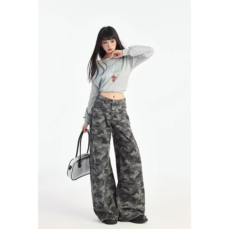 Jeans camuflați pentru femei, croială largă, talie înaltă, croială lejeră, drept, lungime până la podea, primăvara 2026