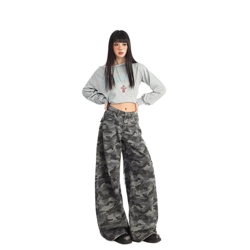 Jeans camuflați pentru femei, croială largă, talie înaltă, croială lejeră, drept, lungime până la podea, primăvara 2026