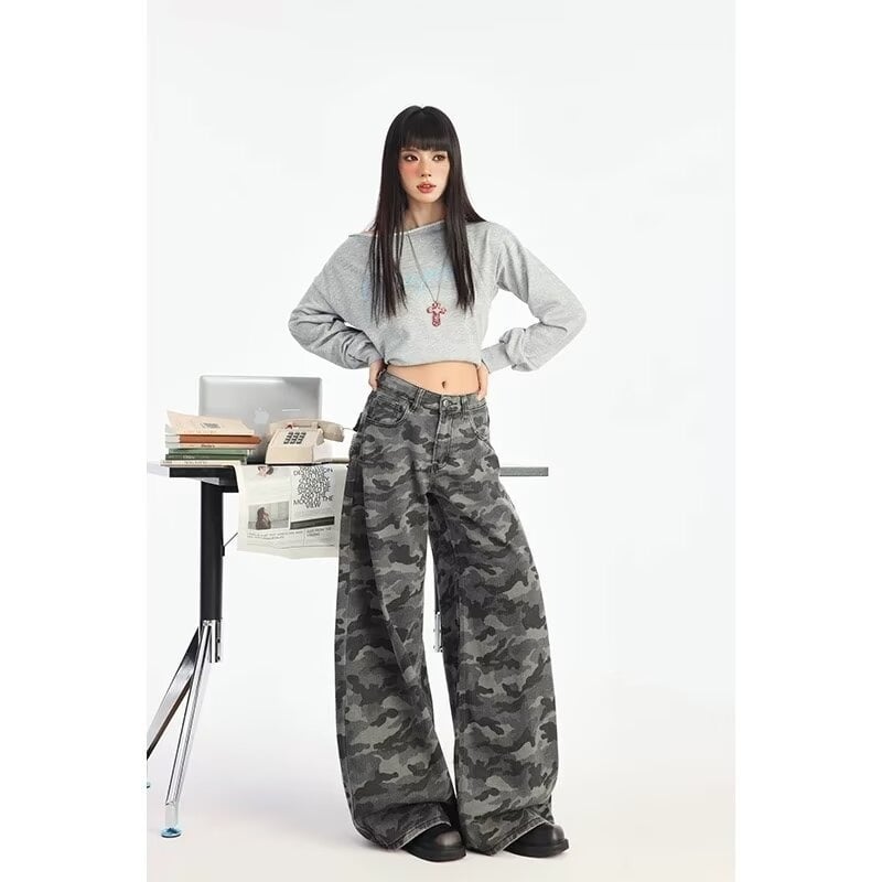 Jeans camuflați pentru femei, croială largă, talie înaltă, croială lejeră, drept, lungime până la podea, primăvara 2026