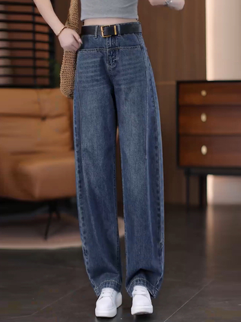 Pantaloni de denim pentru femei, talie înaltă, croială scimitar, versatili, largi și lungi, picior drept îngust, toamna 2026