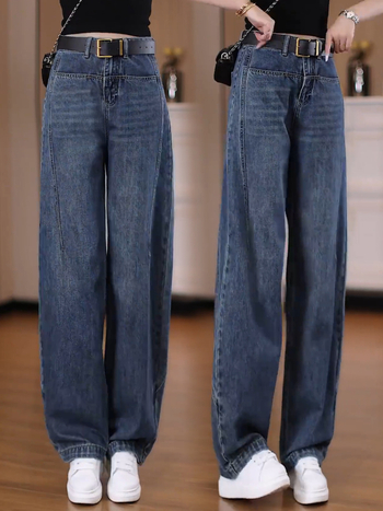 Pantaloni de denim pentru femei, talie înaltă, croială scimitar, versatili, largi și lungi, picior drept îngust, toamna 2026