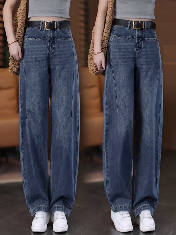 Pantaloni de denim pentru femei, talie înaltă, croială scimitar, versatili, largi și lungi, picior drept îngust, toamna 2026