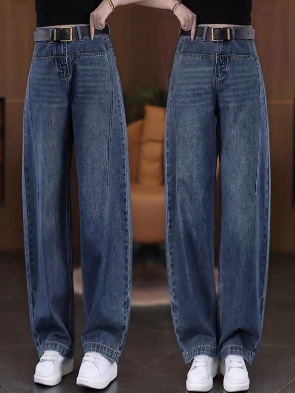 Pantaloni de denim pentru femei, talie înaltă, croială scimitar, versatili, largi și lungi, picior drept îngust, toamna 2026