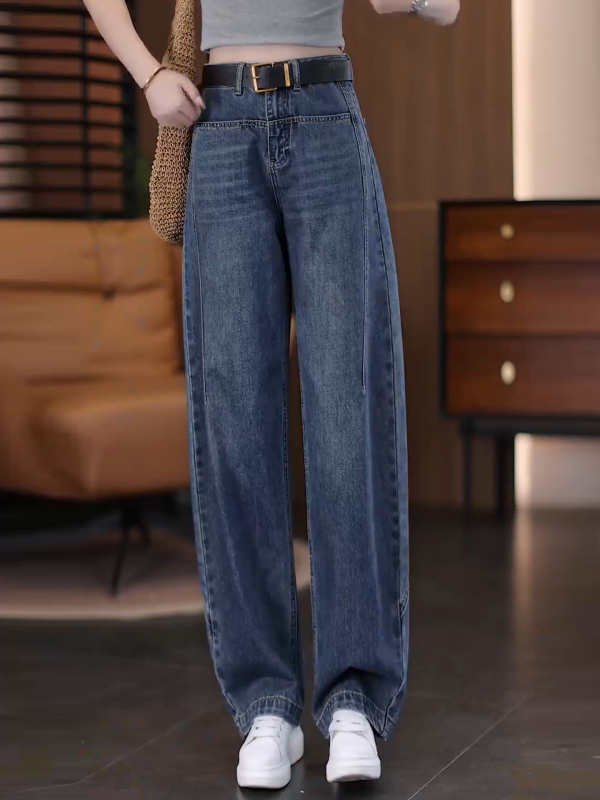 Pantaloni de denim pentru femei, talie înaltă, croială scimitar, versatili, largi și lungi, picior drept îngust, toamna 2026