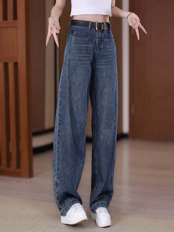 Pantaloni de denim pentru femei, talie înaltă, croială scimitar, versatili, largi și lungi, picior drept îngust, toamna 2026