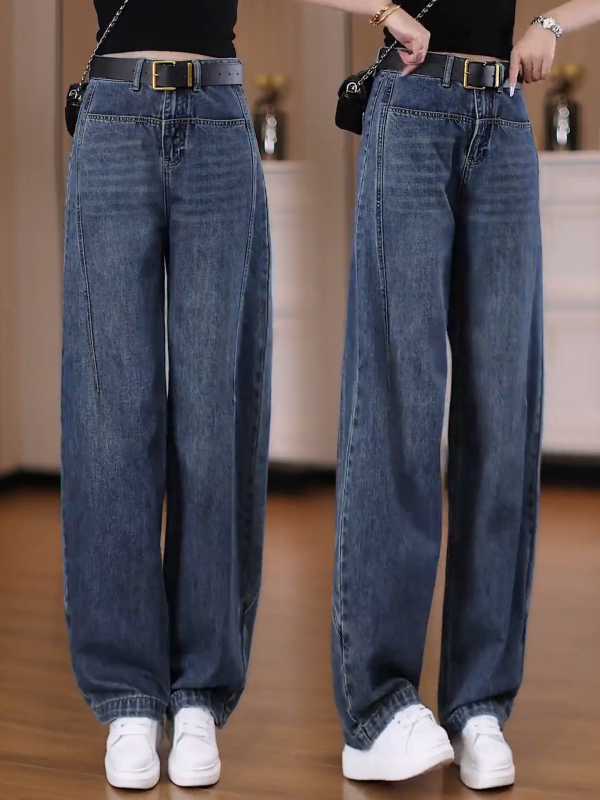 Pantaloni de denim pentru femei, talie înaltă, croială scimitar, versatili, largi și lungi, picior drept îngust, toamna 2026