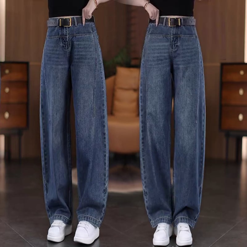 Pantaloni de denim pentru femei, talie înaltă, croială scimitar, versatili, largi și lungi, picior drept îngust, toamna 2026