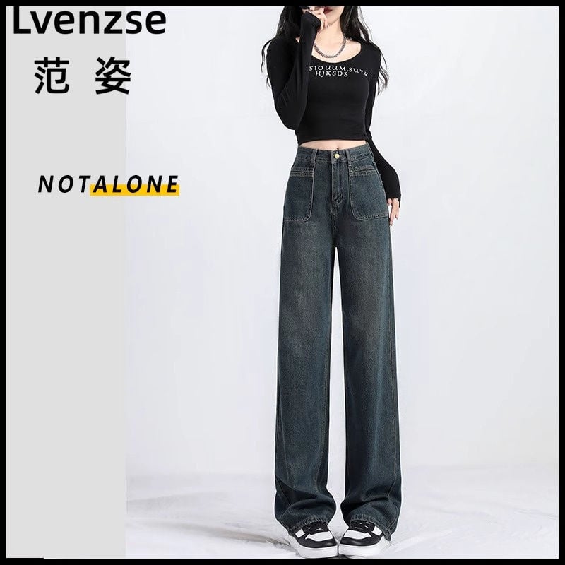 Blugi pentru femei cu talie înaltă, croială largă din denim, 2025 primăvară-toamnă, pentru înălțime mică, drapaj, croială dreaptă subțire