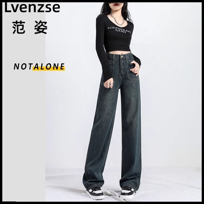 Blugi pentru femei cu talie înaltă, croială largă din denim, 2025 primăvară-toamnă, pentru înălțime mică, drapaj, croială dreaptă subțire