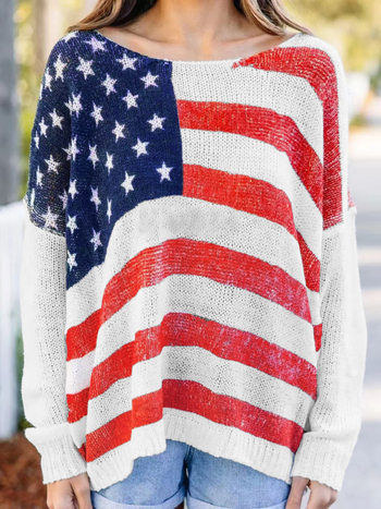 Pulover tricotat cu steagul american, croială lejeră, mâneci lungi, stil occidental