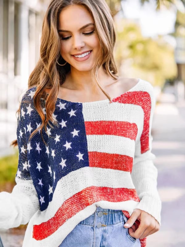 Pulover tricotat cu steagul american, croială lejeră, mâneci lungi, stil occidental