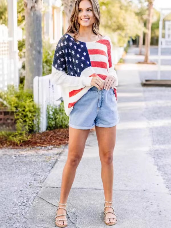 Pulover tricotat cu steagul american, croială lejeră, mâneci lungi, stil occidental