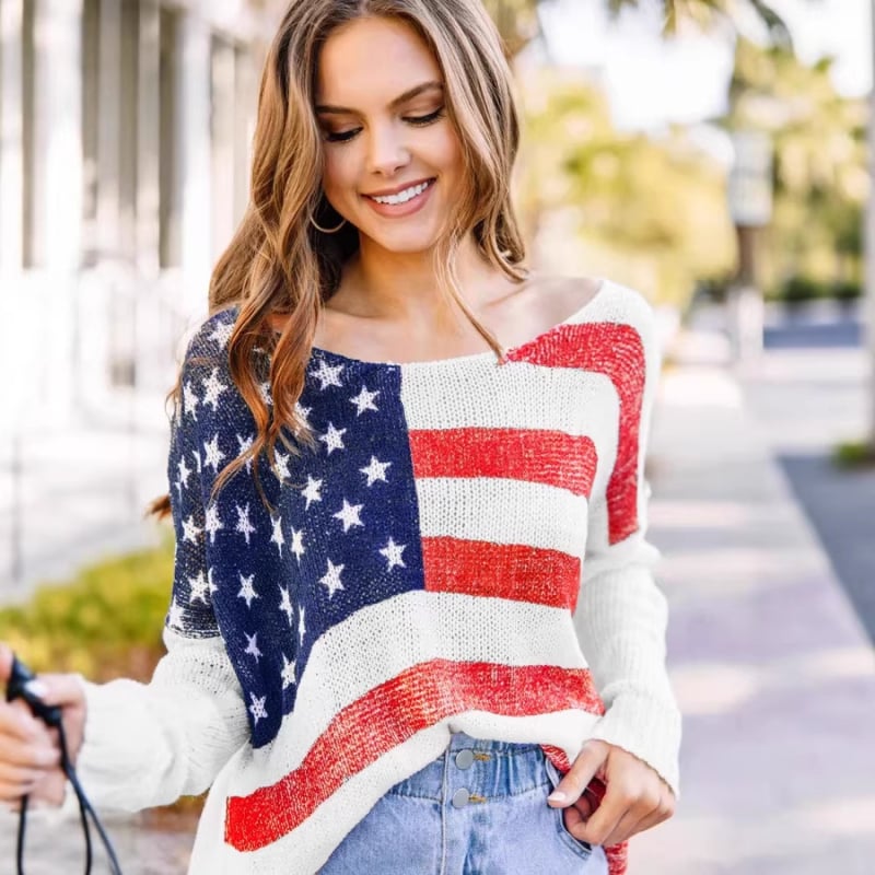Pulover tricotat cu steagul american, croială lejeră, mâneci lungi, stil occidental