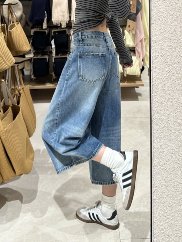 Jeans cropped albastre în stil vintage american pentru femei, mărime plus, primăvară, croială lejeră, talie înaltă, efect de subțiere, croială dreaptă-largă, lungime capri
