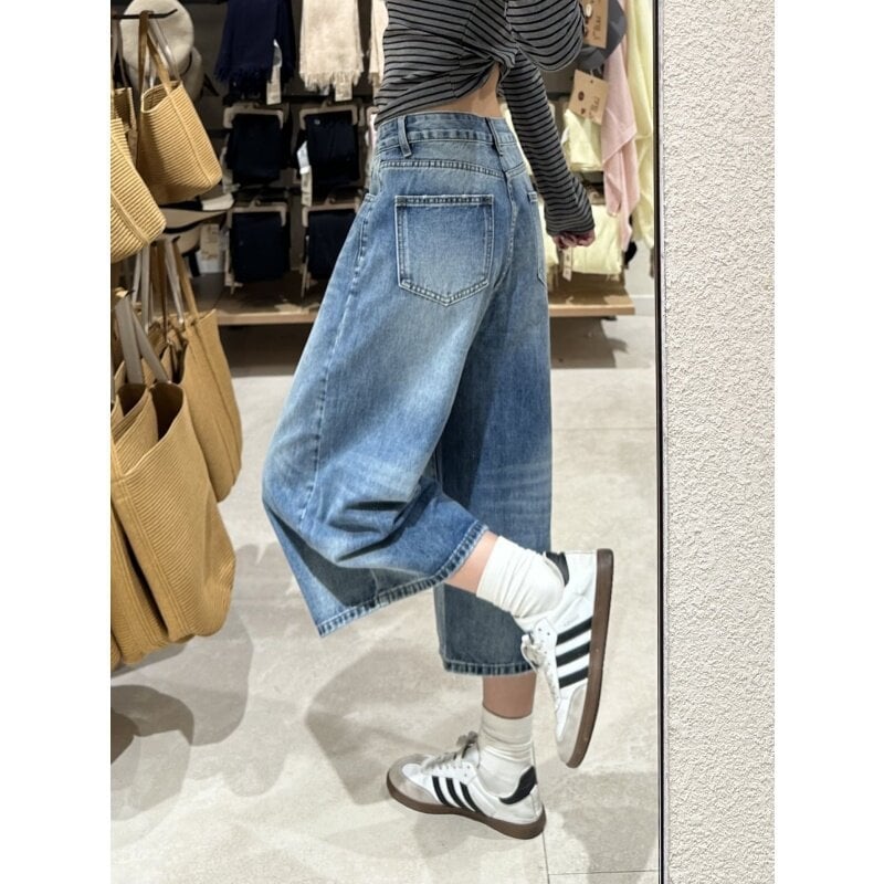 Jeans cropped albastre în stil vintage american pentru femei, mărime plus, primăvară, croială lejeră, talie înaltă, efect de subțiere, croială dreaptă-largă, lungime capri