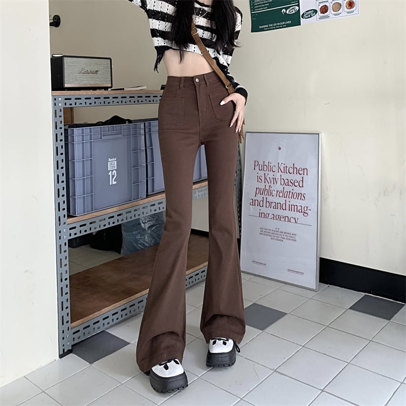 Jeans dama cafeniu cu talie înaltă, croială evazată, lungime până la podea, sezon toamnă-iarnă 2023, croială slim