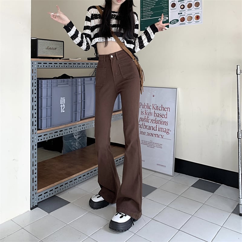 Jeans dama cafeniu cu talie înaltă, croială evazată, lungime până la podea, sezon toamnă-iarnă 2023, croială slim